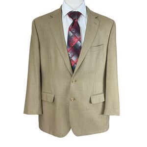 Ralph Lauren Jacket Blazer Sport Coat 44R Silk Wool Beige Windowpane 2-BTN  Tan